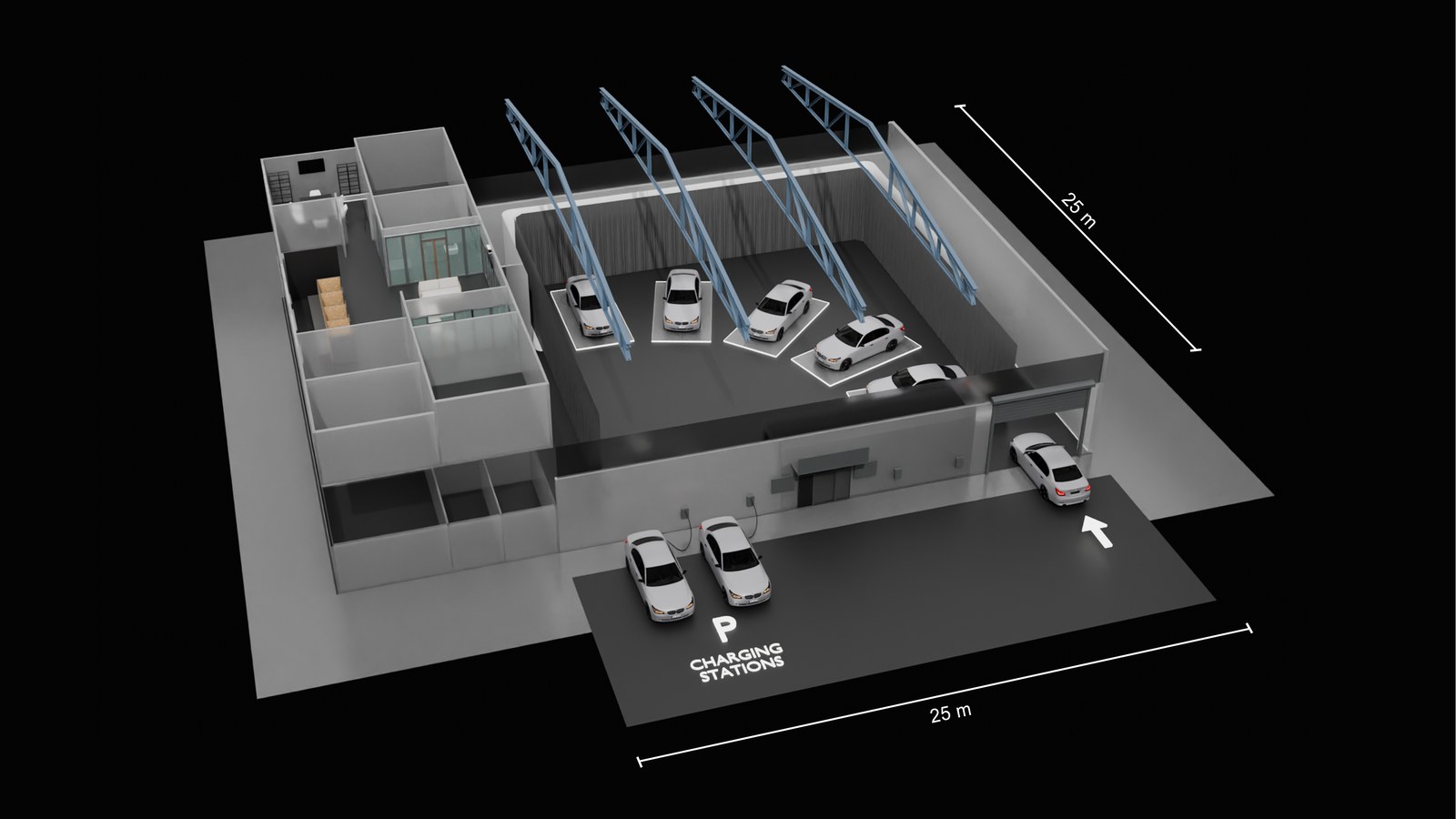 Isometrische 3D-Ansicht des LiveFRAME Carclinic-Studios mit Halle, Ladesäulen und Zufahrt