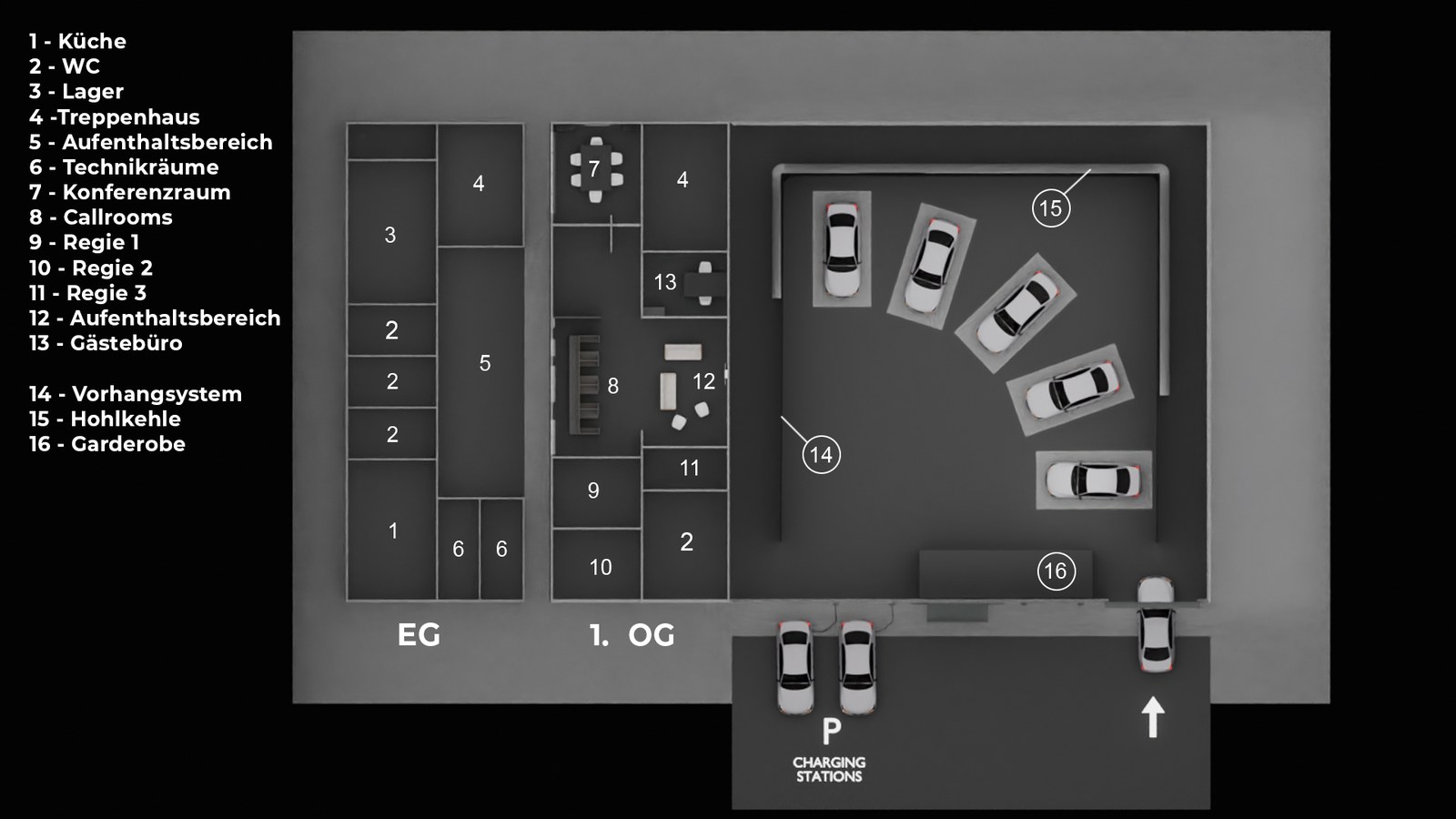 Beschrifteter 3D-Grundriss von Erdgeschoss und Obergeschoss des Studios
